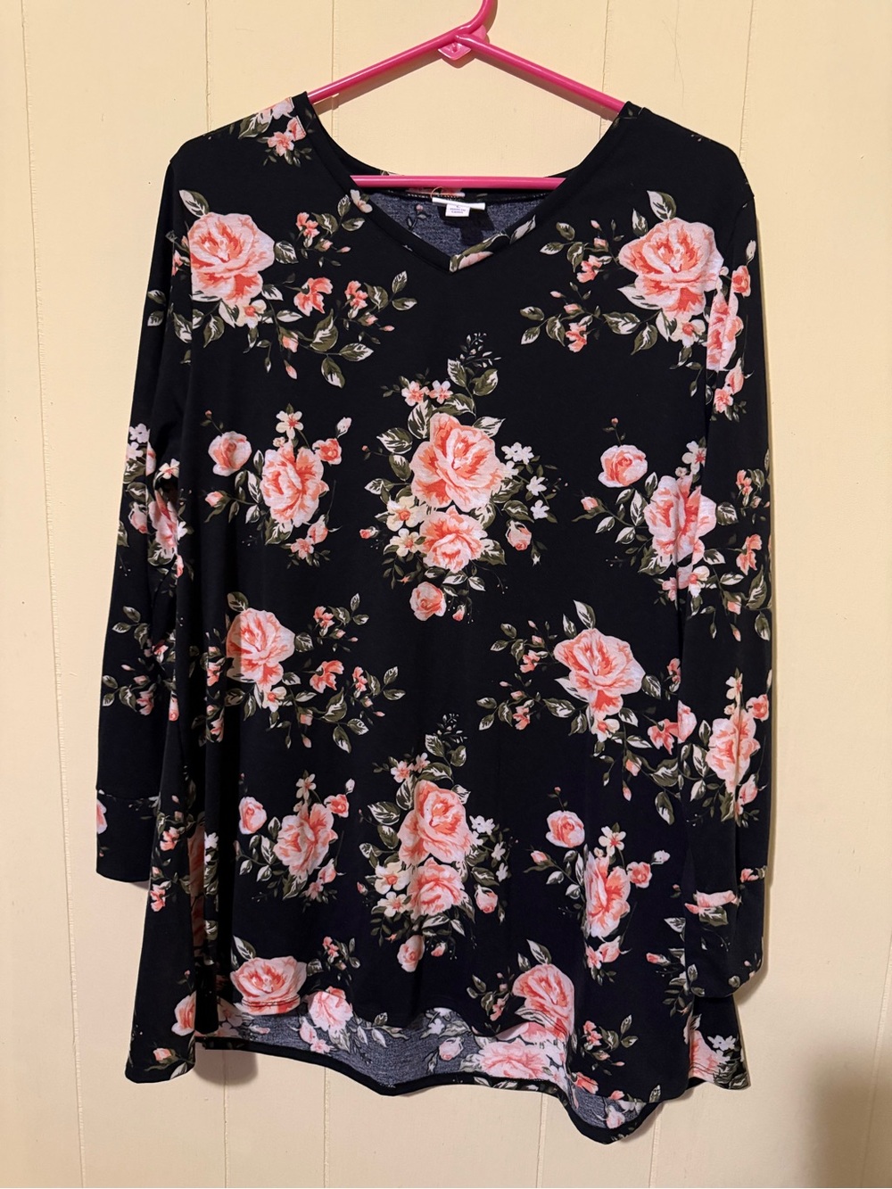 LuLaRoe Black Long Sleeve Top with Pink Floral Print